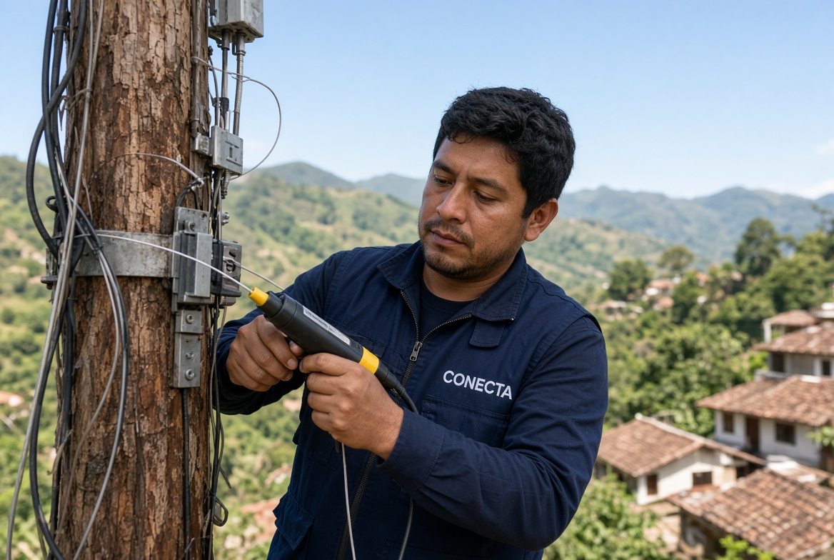 Técnico de Conecta instalando fibra óptica en Chiapas